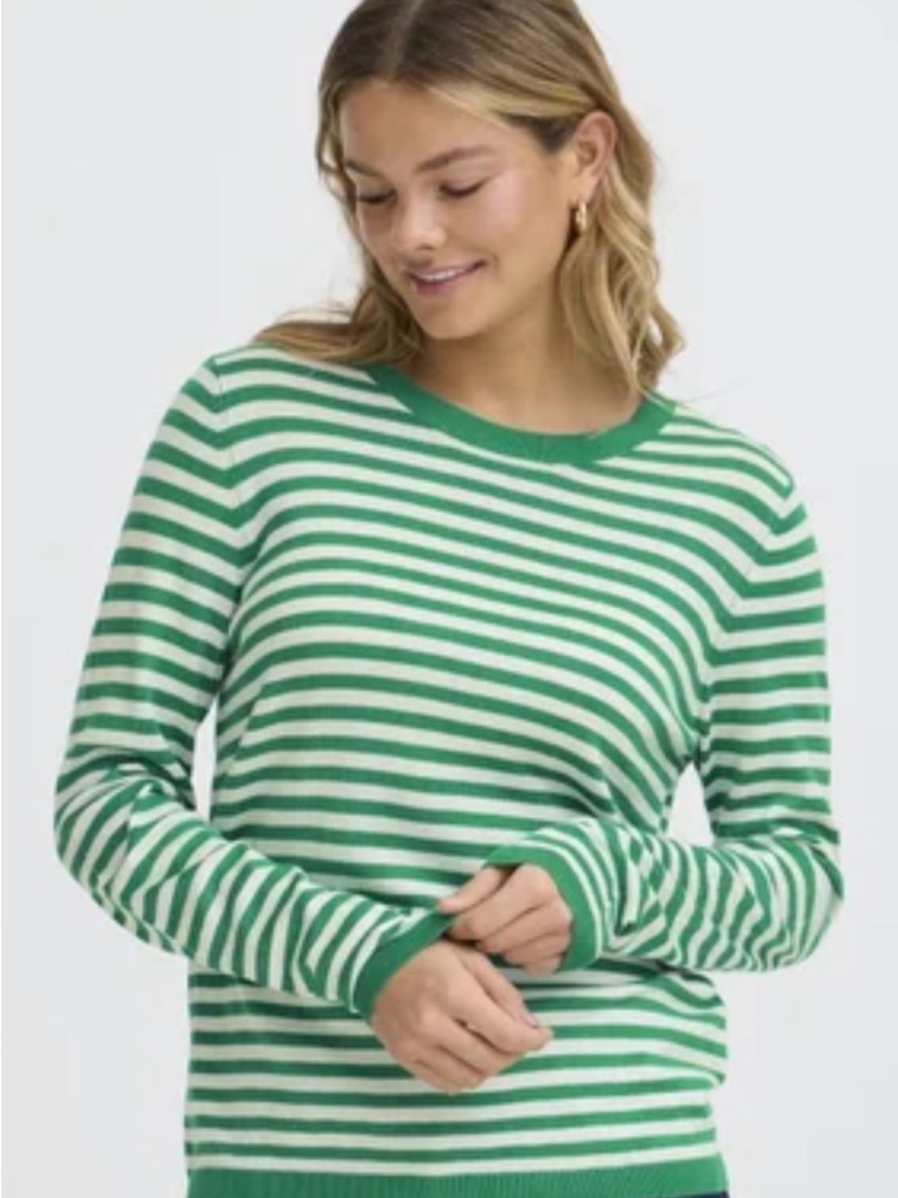 Fransa Lightweight Green and White Striped Crewneck Sweater